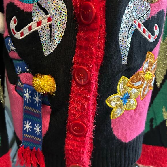 Ugly Christmas Sweater Cardigan Black Pink Flamingo SZ LG 33 Degrees Costume - Picture 4 of 12